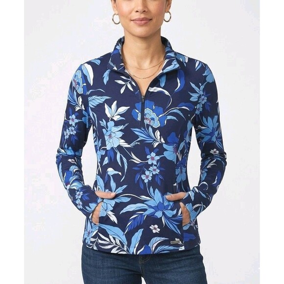 Tommy Bahama Tops - Tommy Bahama Everyday Active 1/4 Zip Pullover Women’s M Blue Floral Thumbholes